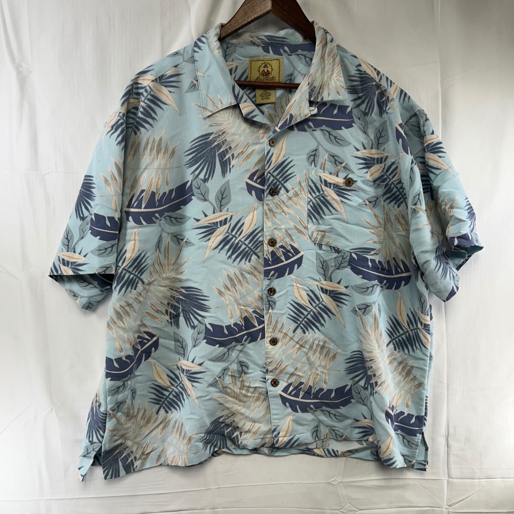 Joe Marlin Button Shirt Mens 2XL Blue Tropical‎ Palm Leaf Camp Collar Rayon